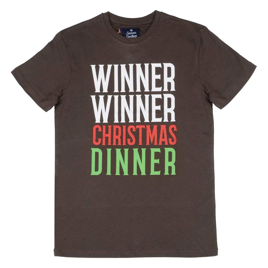 Mr Crimbo Mens Crew Brown Dinner Slogan Christmas T-Shirt - MrCrimbo.co.uk -VISMW06028BWN_A - S -christmas dinner